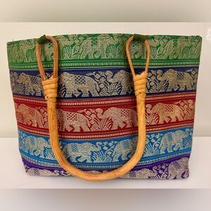 Unique Elephant Design Handbag Purse Tote Bamboo Handles Boho Artsy Whimsy Gift